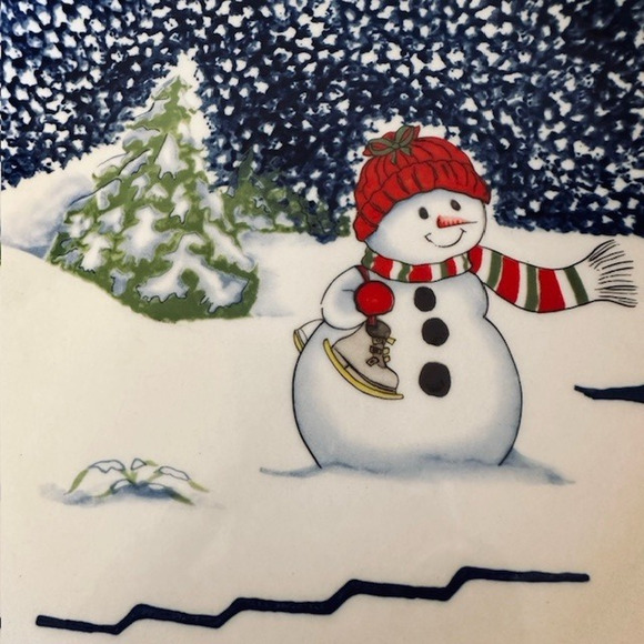 Thomson Snowman 12"Chop Platter, Blue Speckles On Half, Snowman/Center Christmas - Picture 7 of 8